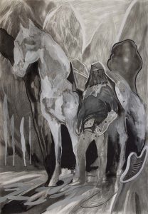 Vier Geister, Pigment, Bleistift, Gouache, 100 x 70 cm, 2018
