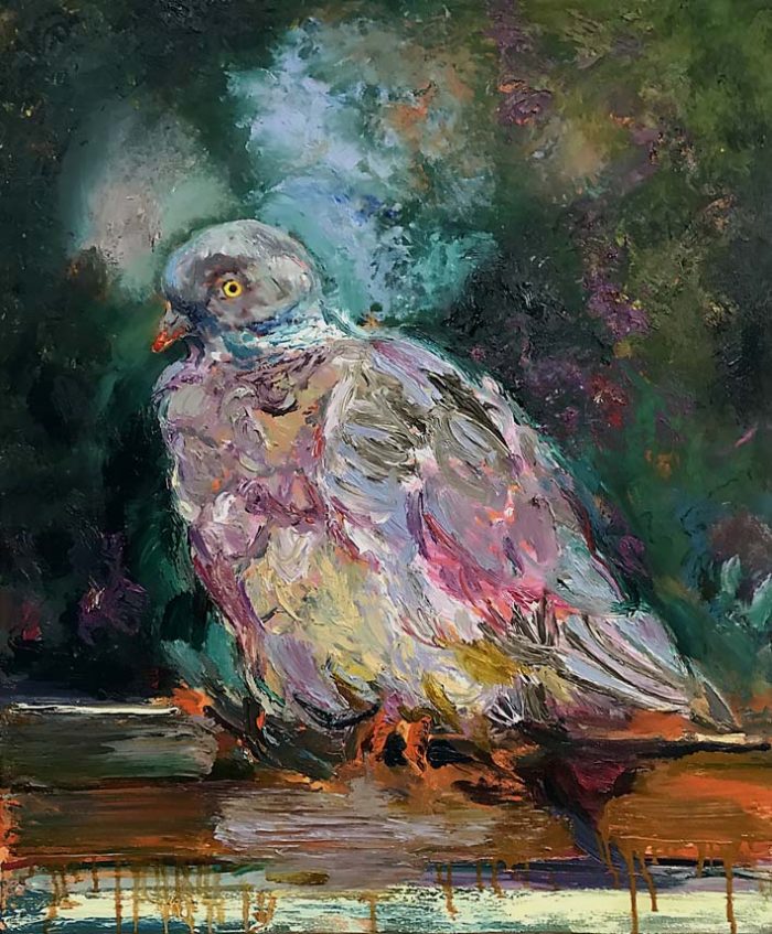 Young pigeon in urban area, Oil on fabric, 120 x 100 cm, 2021